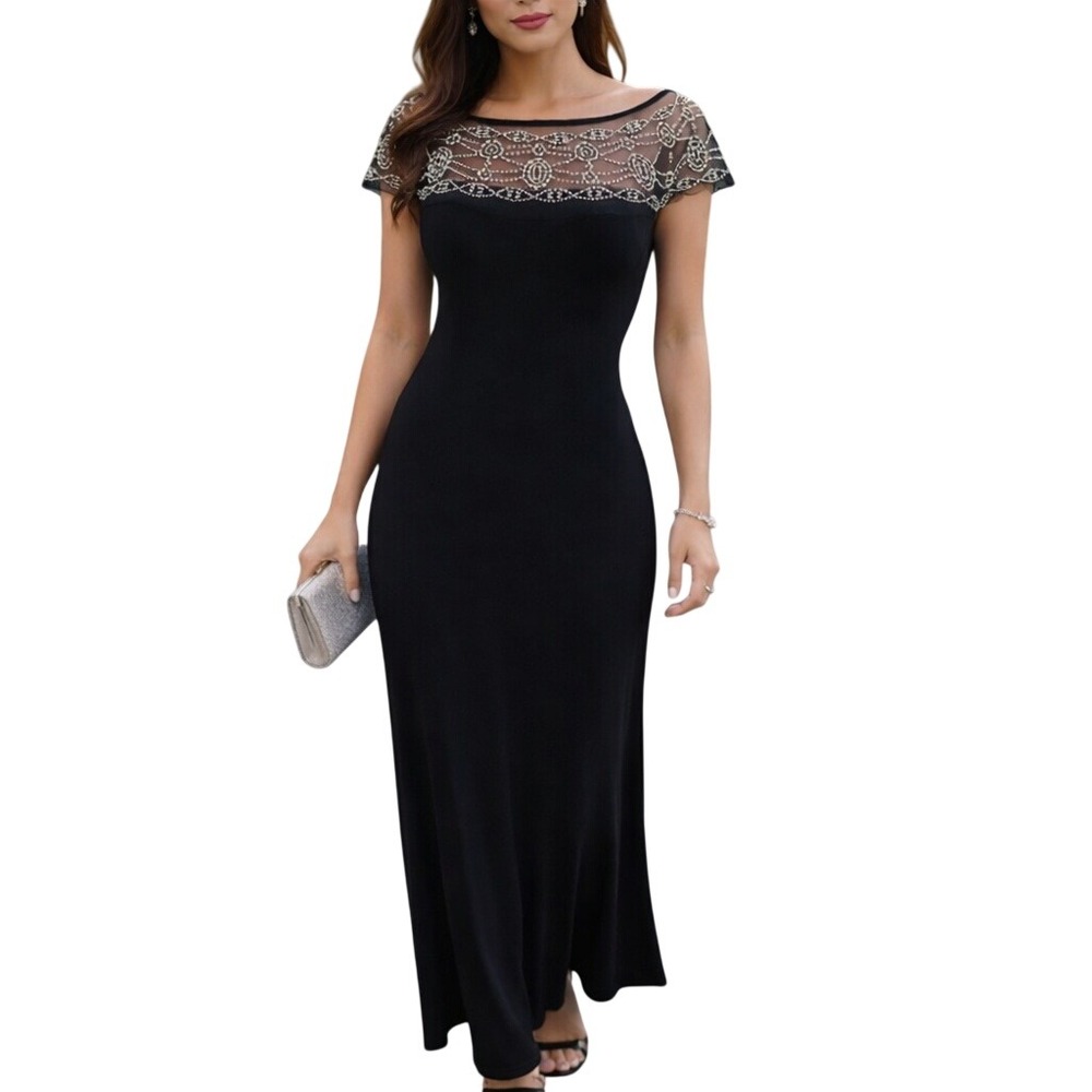 R&M Richards Womens Black Beaded Mesh Yoke Evening Gown Formal Maxi Dress 16